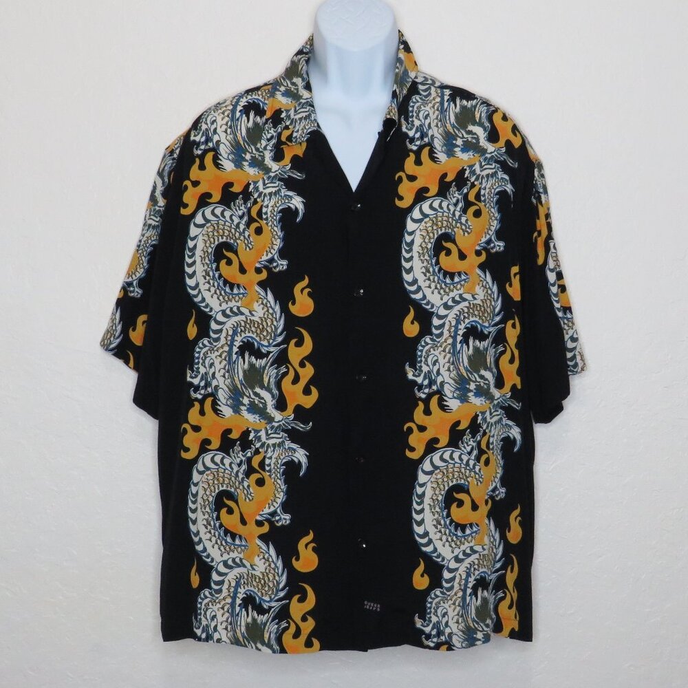 Guess‎ Jeans* Men's Short Sleeve Button Down Straight Hem Dragon Print Shirt~ XL